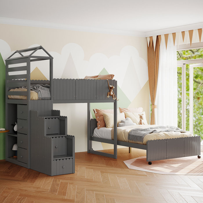 Harper Orchard Elijia Twin Over Full 7 Drawer LShaped Bunk Beds with